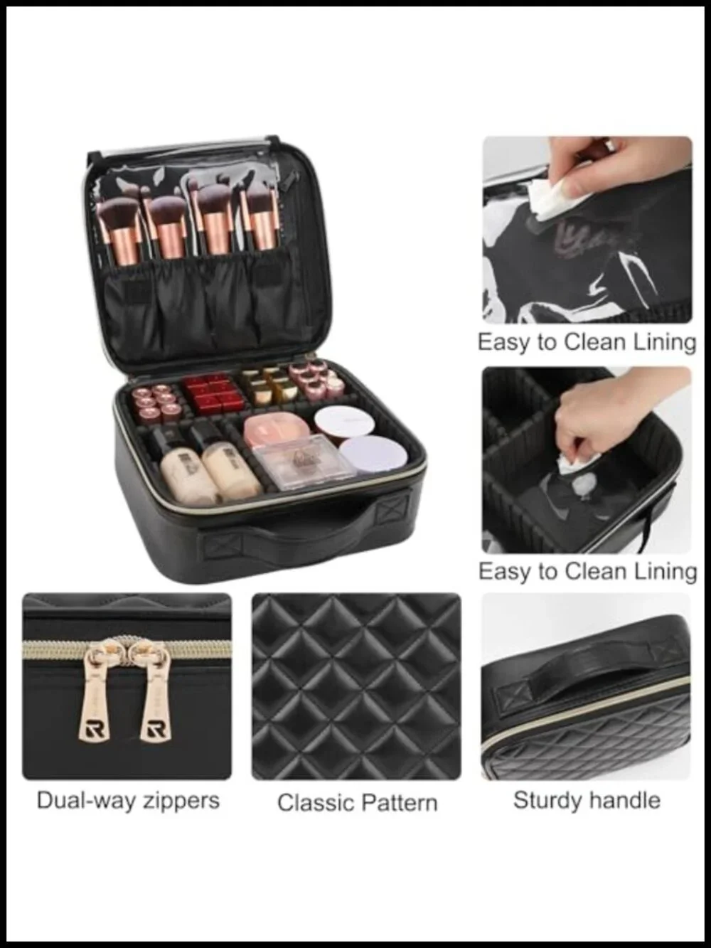 PU Leather Train Case Makeup Bag with Adjustable Dividers Travel Cosmetic